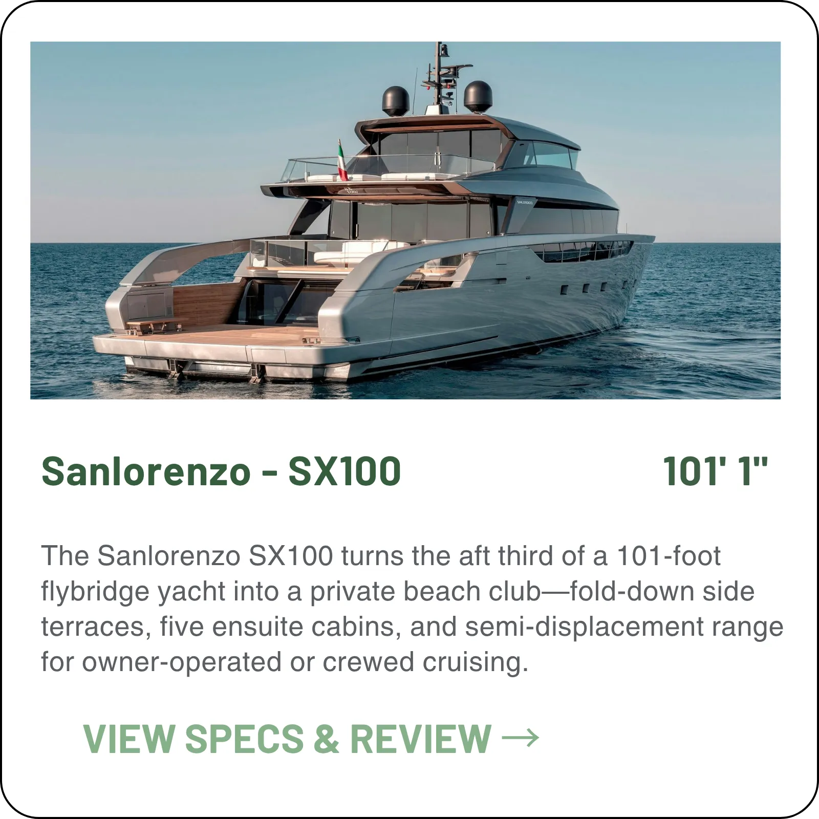 Terraced decks and opening side platforms on a 100'1" hull, driven by four Volvo Penta IPS3 1050 pods — 15,800 litres of fuel, 23 knots, eight guests and five crew.