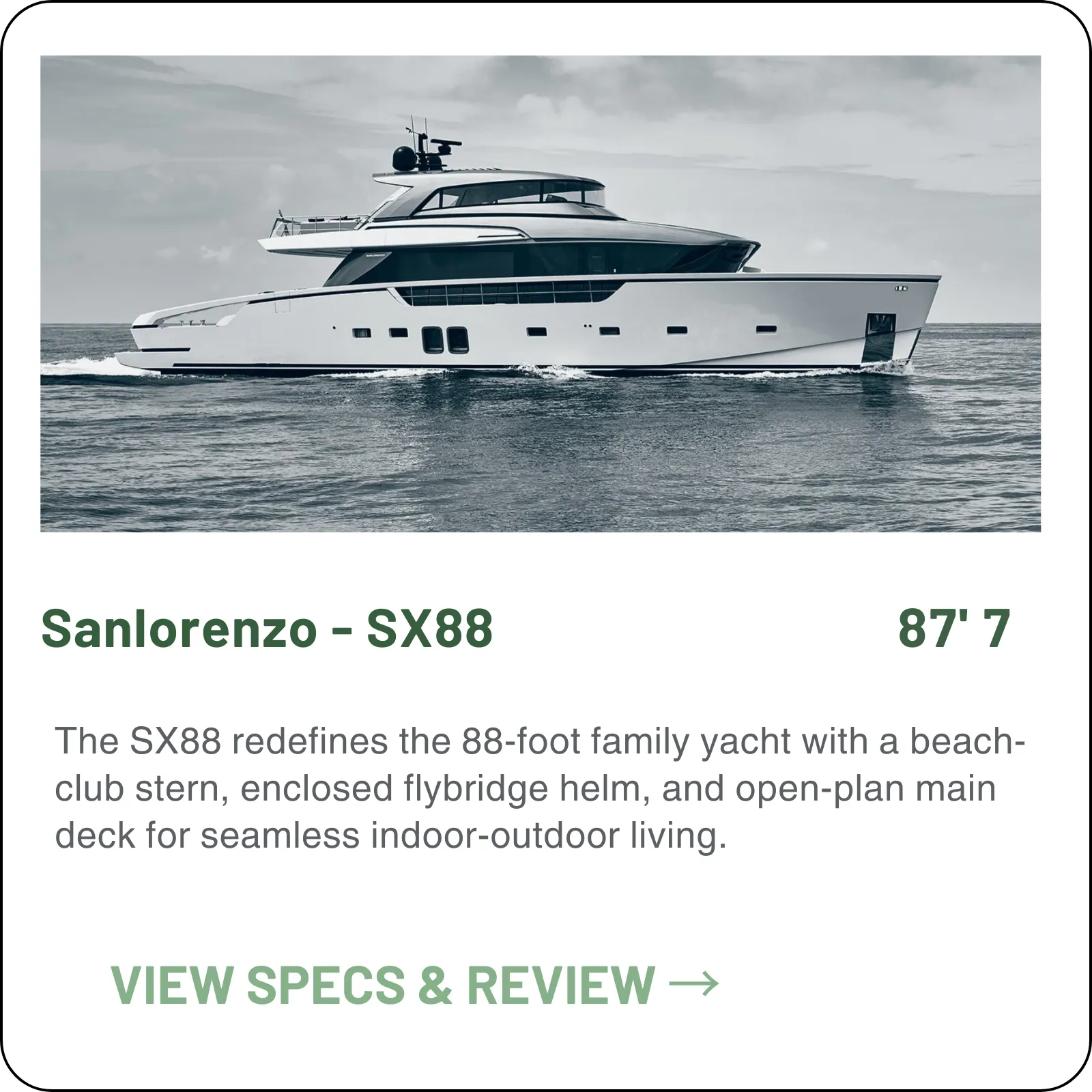 The original crossover: an 87'7" hull with a loft-style main deck running stern to bow, three Volvo Penta IPS3 1050 pods at 800 HP each, and a published 23 knots.