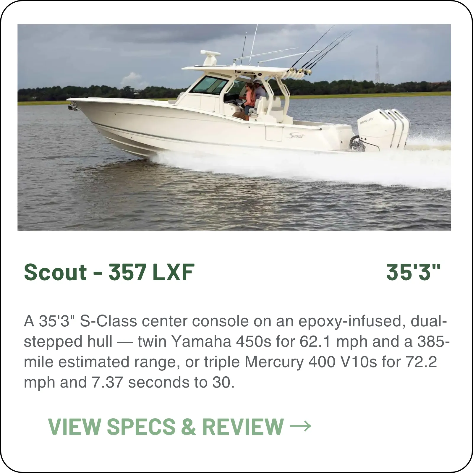 A 35'3" S-Class center console on an epoxy-infused, dual-stepped hull — twin Yamaha 450s for 62.1 mph and a 385-mile estimated range, or triple Mercury 400 V10s for 72.2 mph and 7.37 seconds to 30.