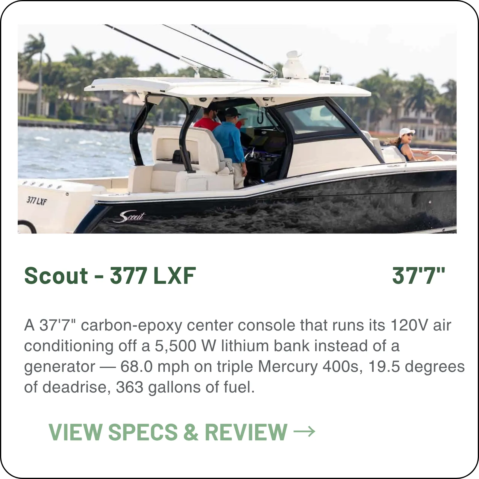 A 37'7" carbon-epoxy center console that runs its 120V air conditioning off a 5,500 W lithium bank instead of a generator — 68.0 mph on triple Mercury 400s, 19.5 degrees of deadrise, 363 gallons of fuel.