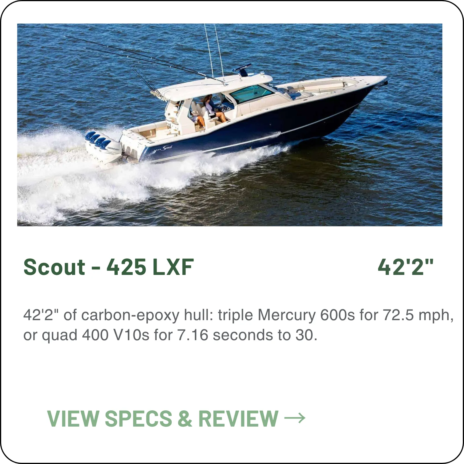 42'2" of carbon-epoxy hull: triple Mercury 600s for 72.5 mph, or quad 400 V10s for 7.16 seconds to 30.
