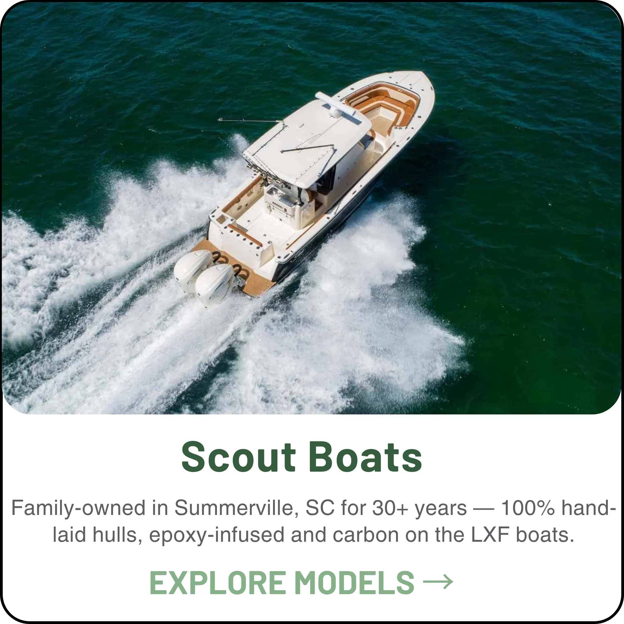 Scout Boats — Family-owned in Summerville, South Carolina — LXF luxury center consoles from 30 to 40 feet, 100% hand-laid, with epoxy-infused and carbon-fiber/E-glass hulls on the larger boats.