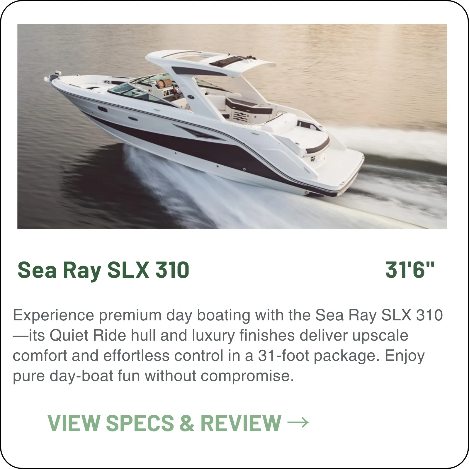 A 31'6" sterndrive dayboat: twin MerCruiser 4.5L with Joystick Piloting standard, 21° deadrise, a wet bar aft, and a published 44–50 mph.