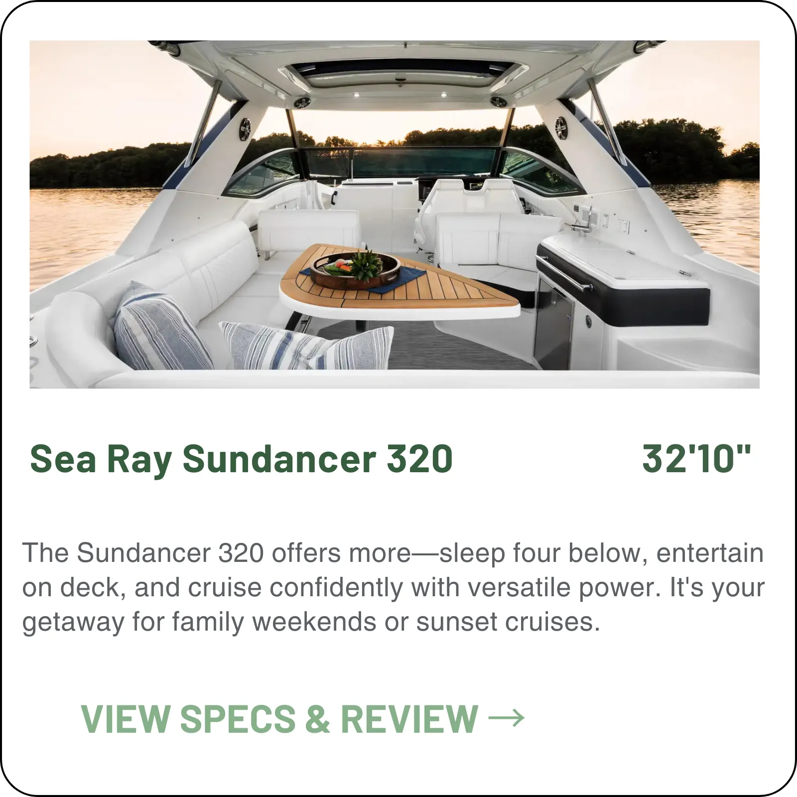 Sleeps four on a 32'10" hull, with bowrider seating forward and a wet bar aft. Twin MerCruiser 6.2L, 21° deadrise, coupe hardtop optional.