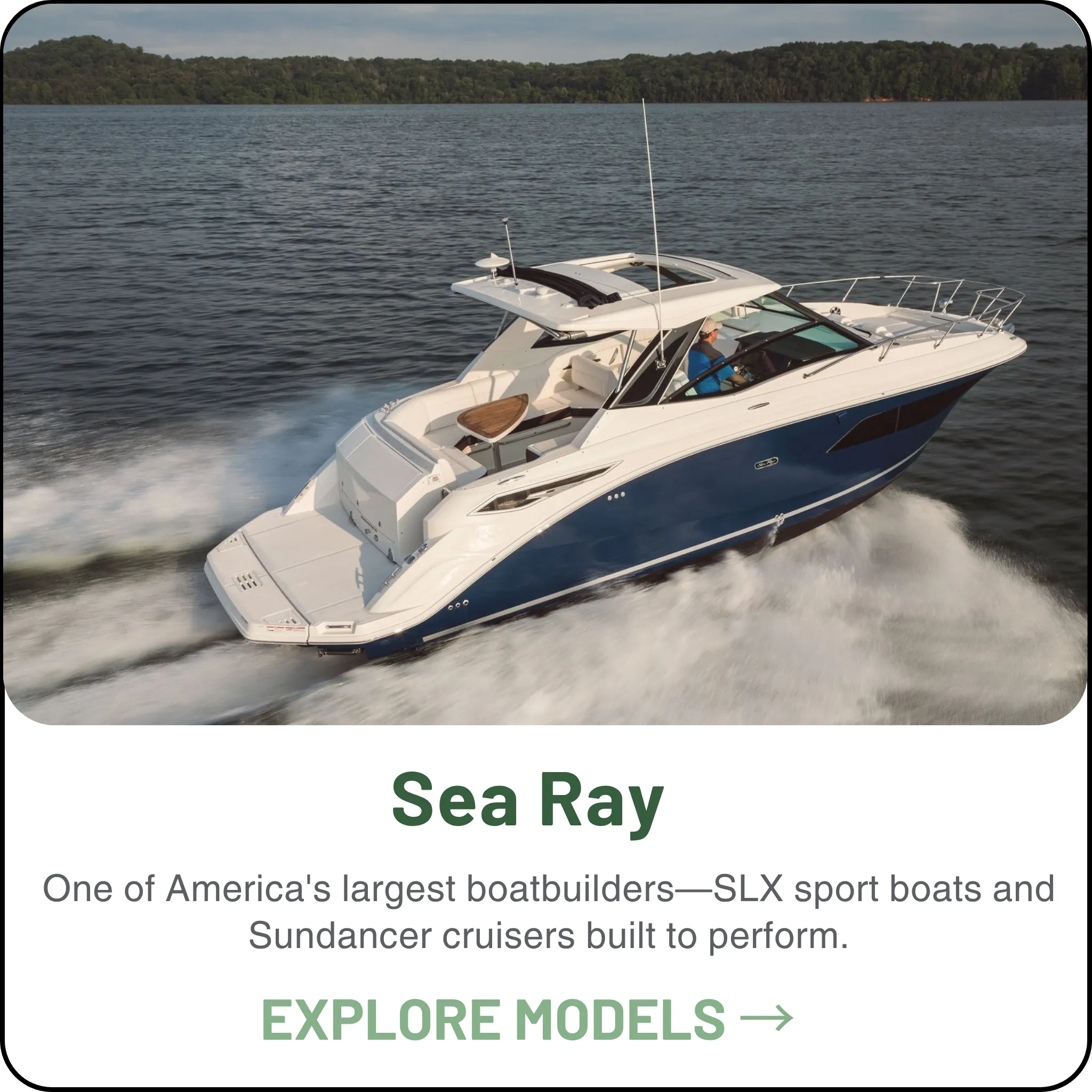 Sea Ray — Brunswick-owned since 1986 and fully Mercury-powered — SLX sport boats and Sundancer cruisers from 31 to 42 feet, every model offered on sterndrives or outboards.