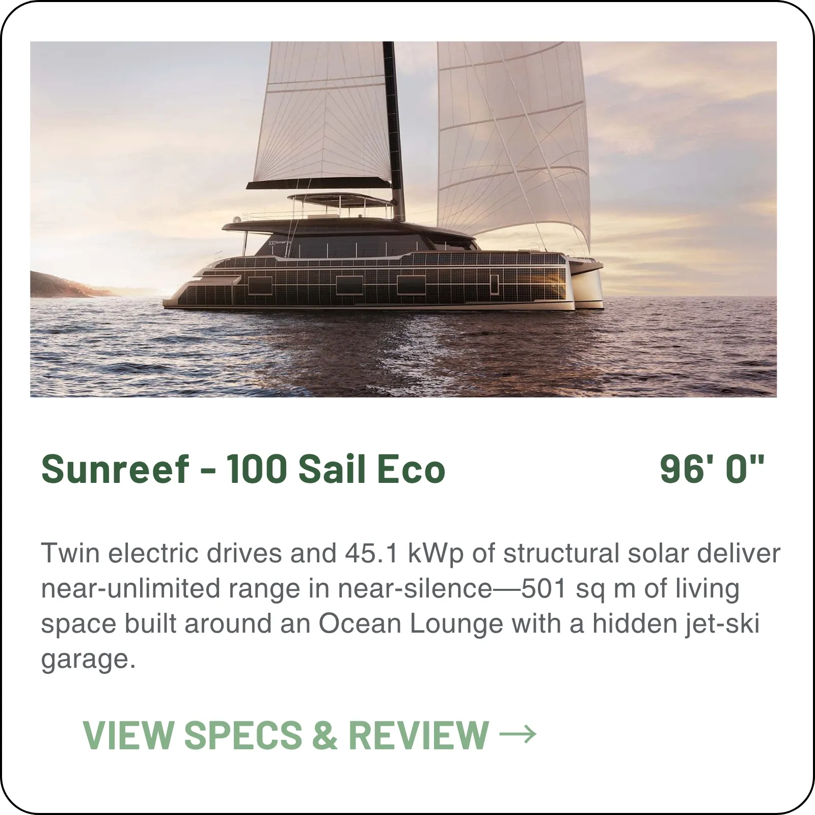 The only Sunreef with a published solar figure — up to 45.1 kWp and twin 180 kW motors.