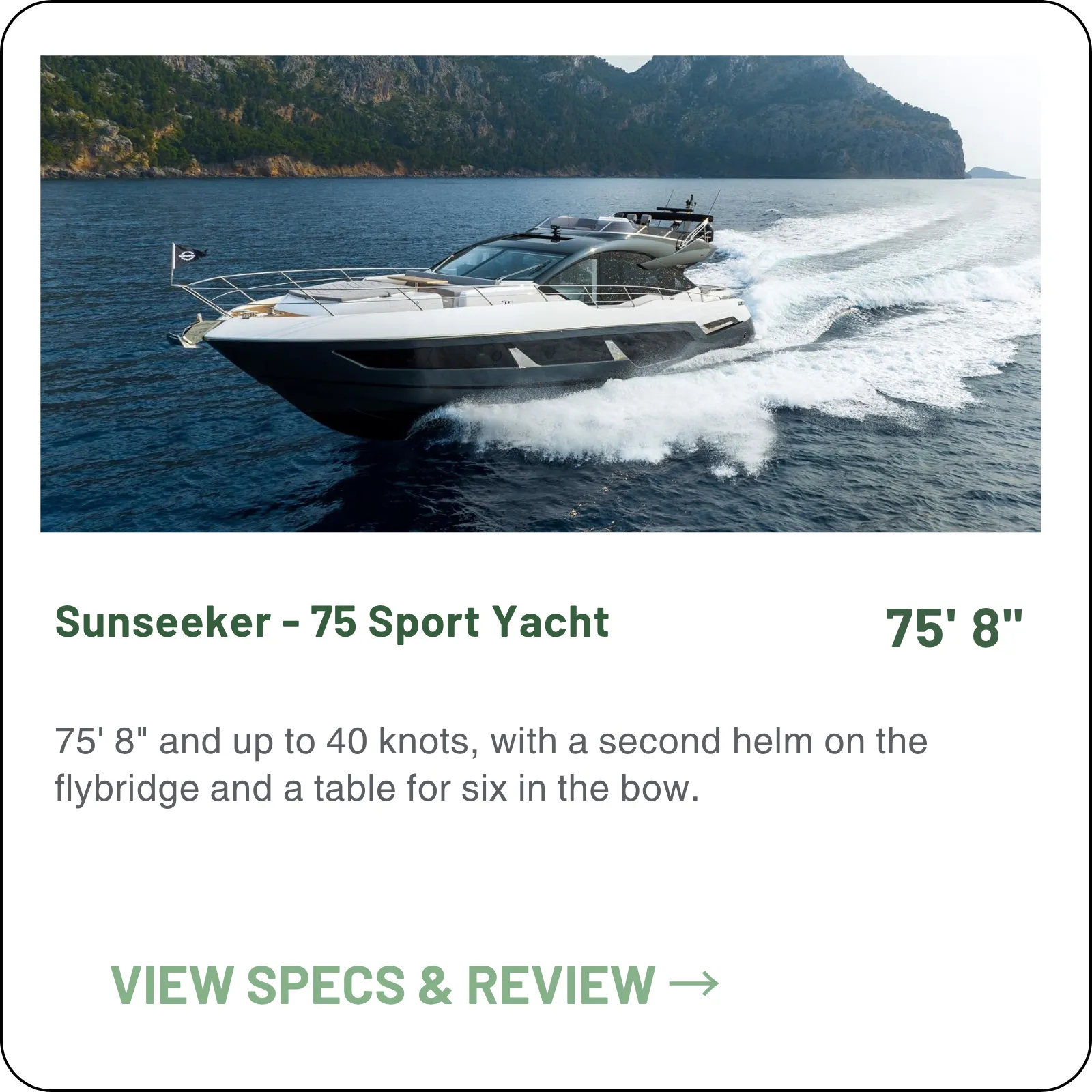 75' 8" and up to 40 knots, with a second helm on the flybridge and a table for six in the bow.