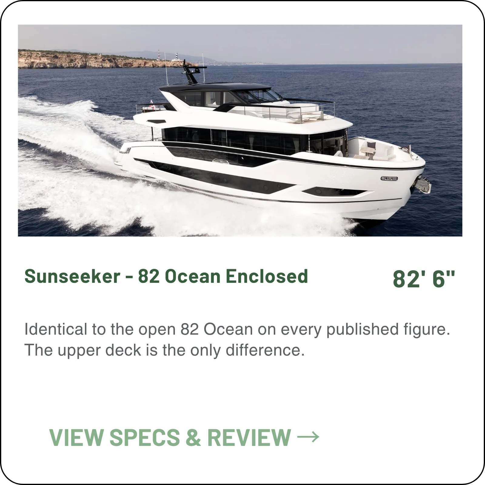 Identical to the open 82 Ocean on every published figure. The upper deck is the only difference.