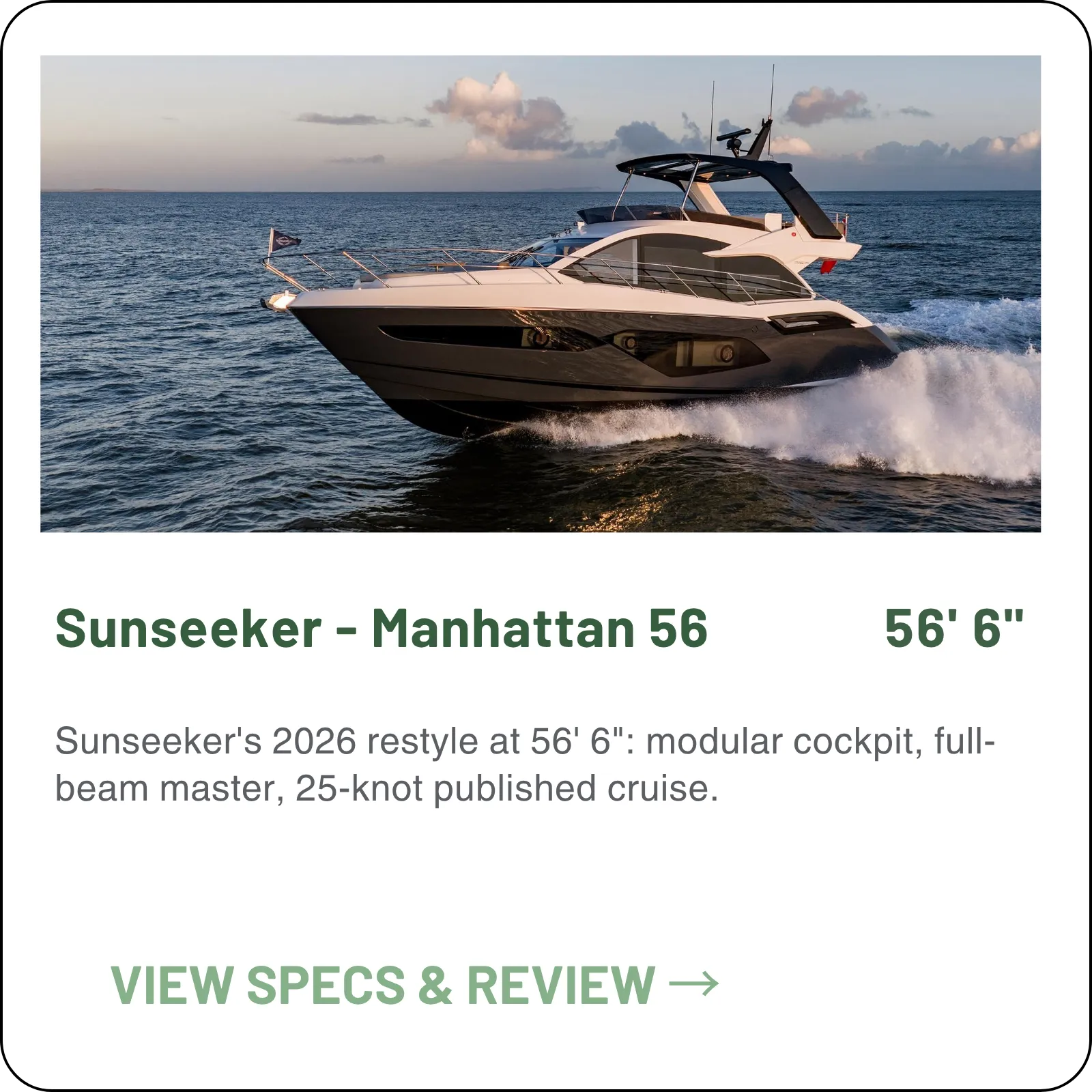 Sunseeker's 2026 restyle at 56' 6": modular cockpit, full-beam master, 25-knot cruise.
