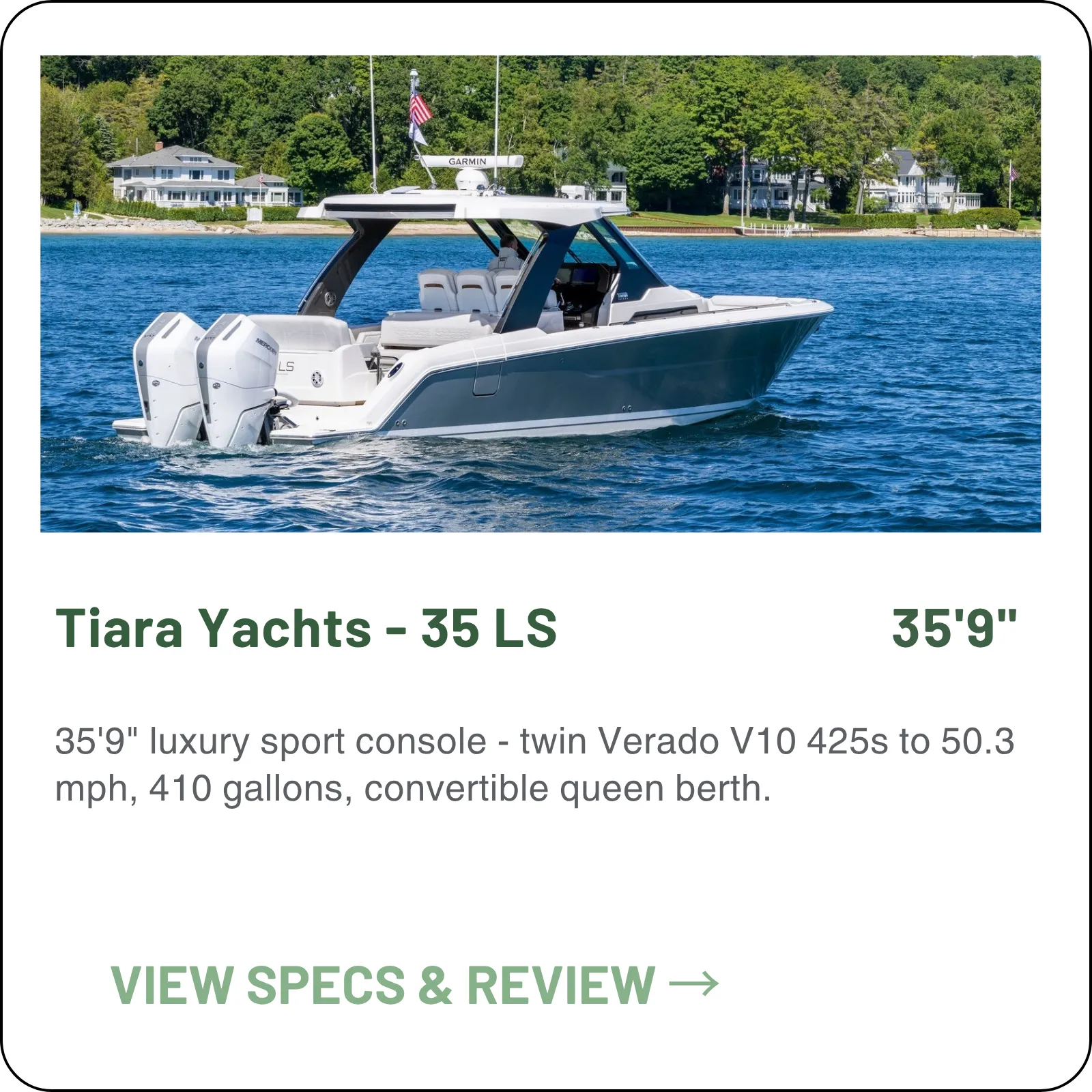 35'9" luxury sport console - twin Verado V10 425s to 50.3 mph, 410 gallons, convertible queen berth.