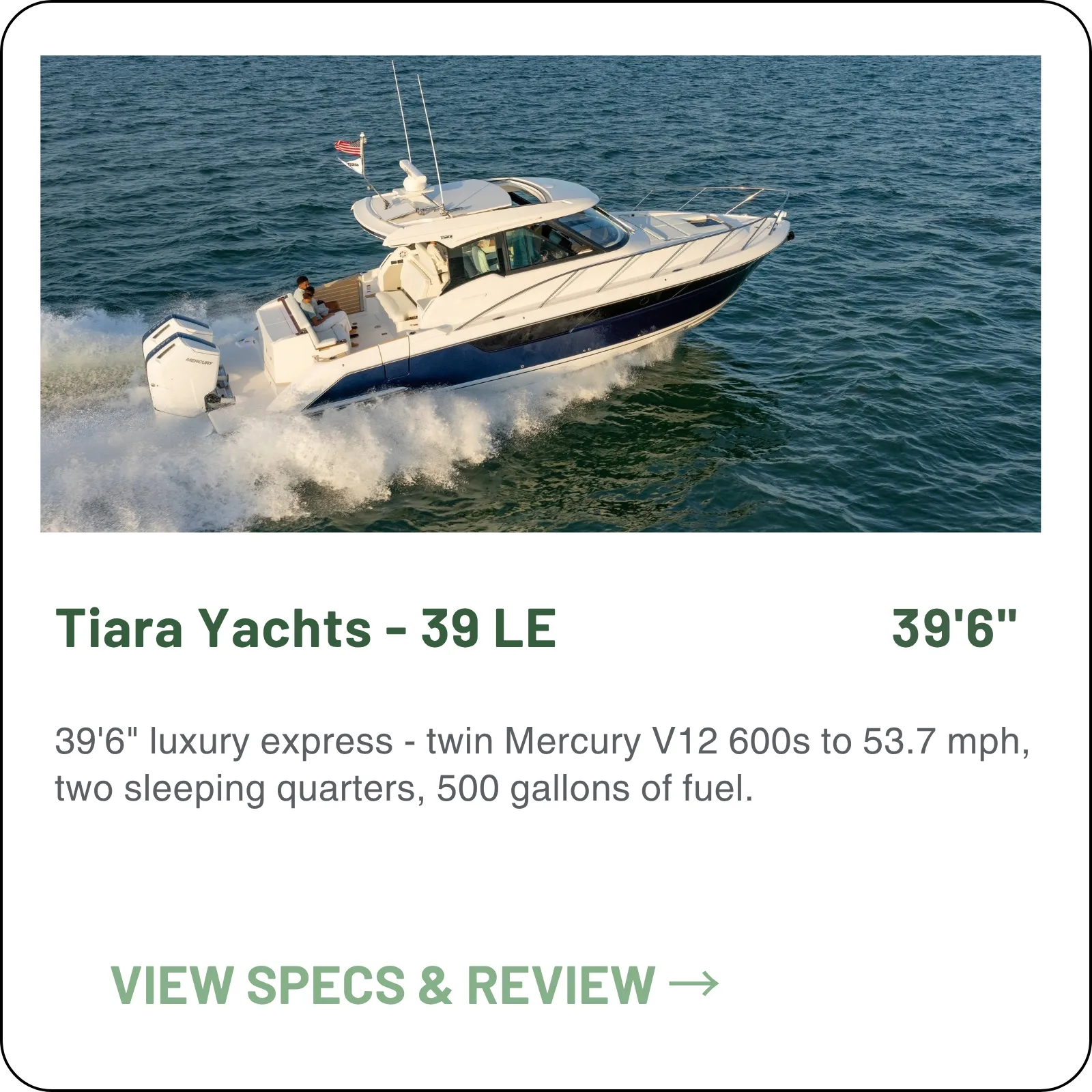 39'6" luxury express - twin Mercury V12 600s to 53.7 mph, two sleeping quarters, 500 gallons of fuel.