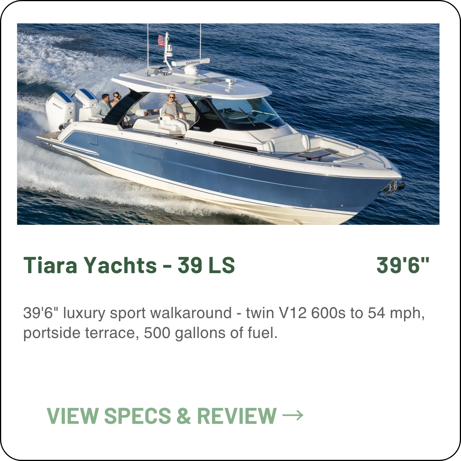 39'6" luxury sport walkaround - twin V12 600s to 54 mph, portside terrace, 500 gallons of fuel.