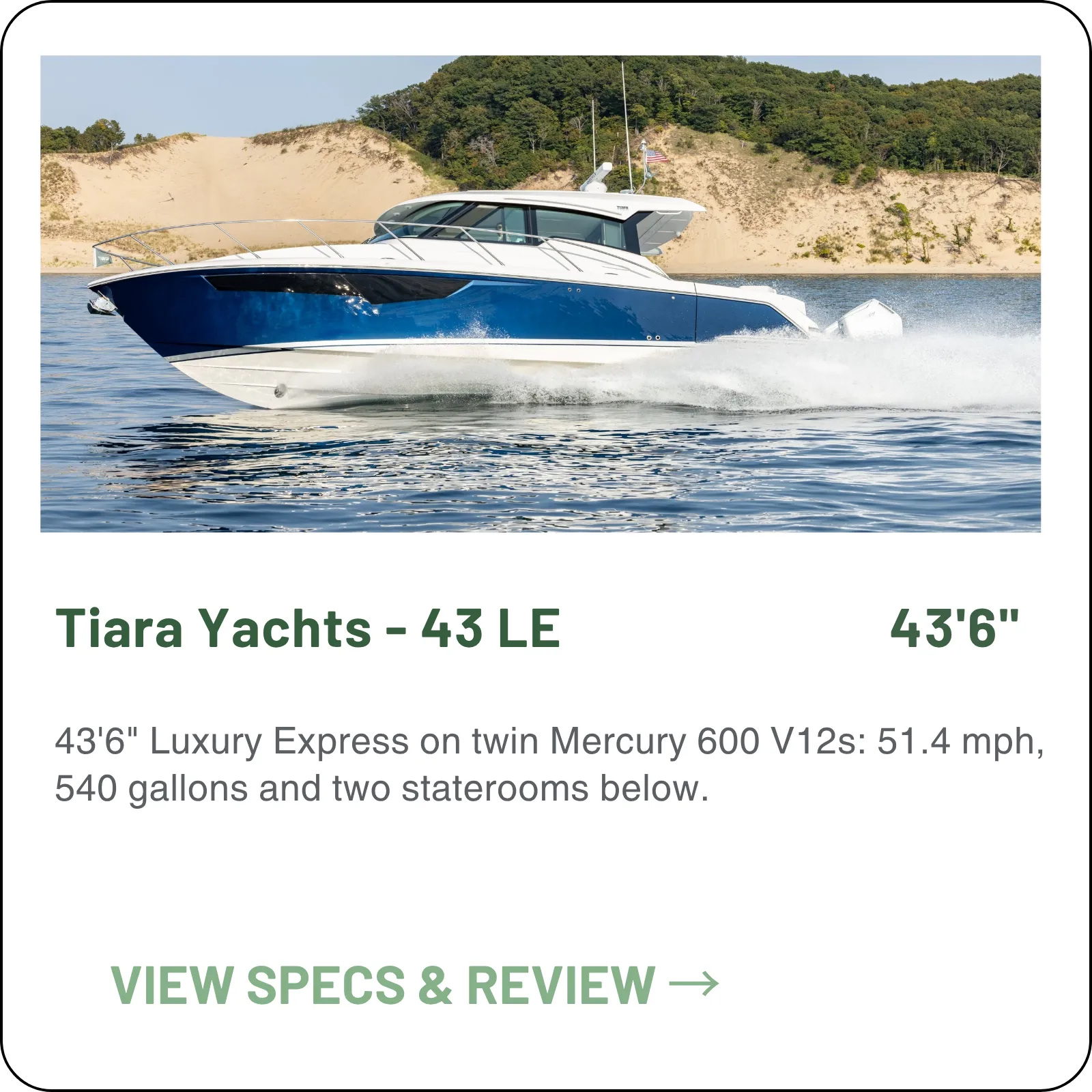 43'6" Luxury Express on twin Mercury 600 V12s: 51.4 mph, 540 gallons and two staterooms below.