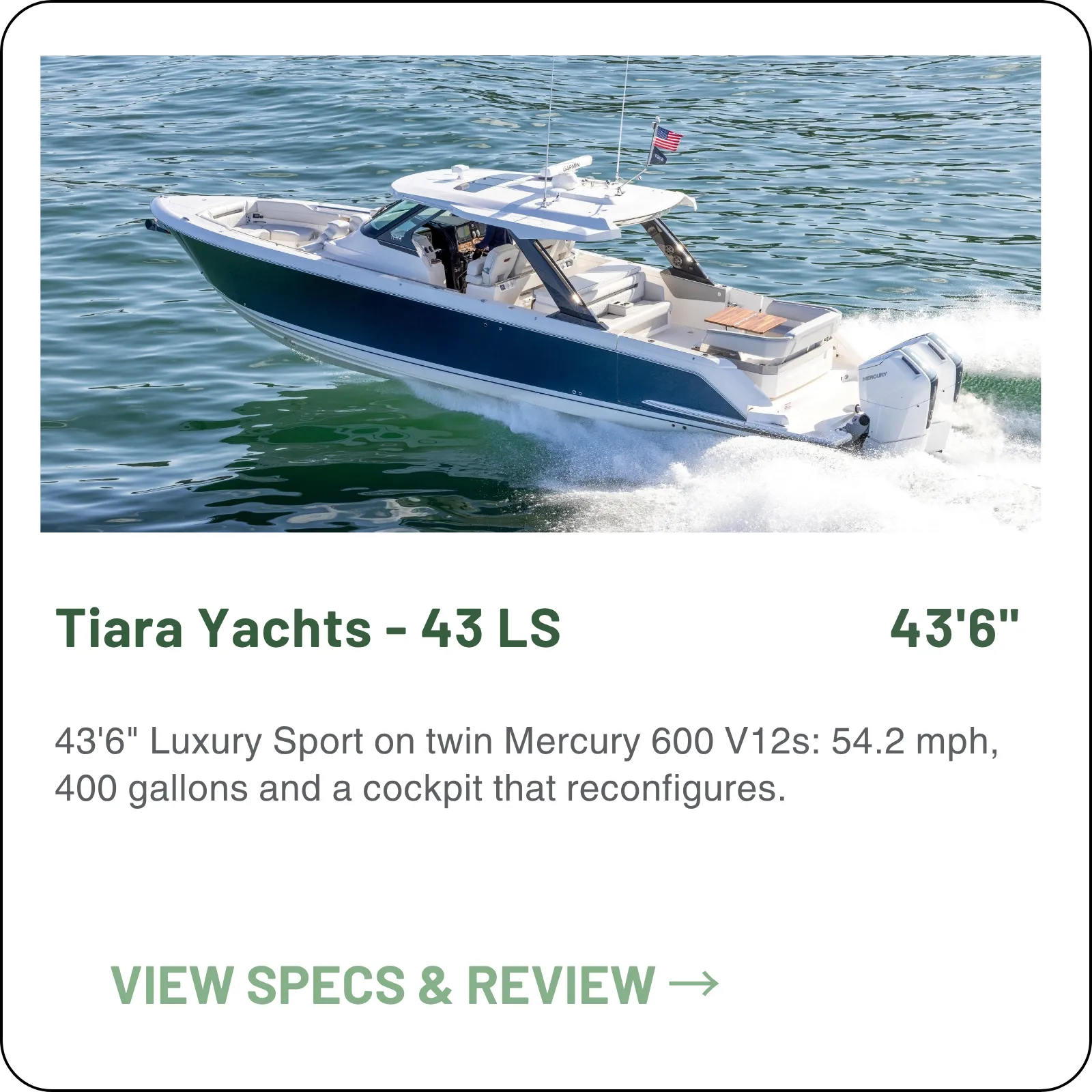 43'6" Luxury Sport on twin Mercury 600 V12s: 54.2 mph, 400 gallons and a cockpit that reconfigures.