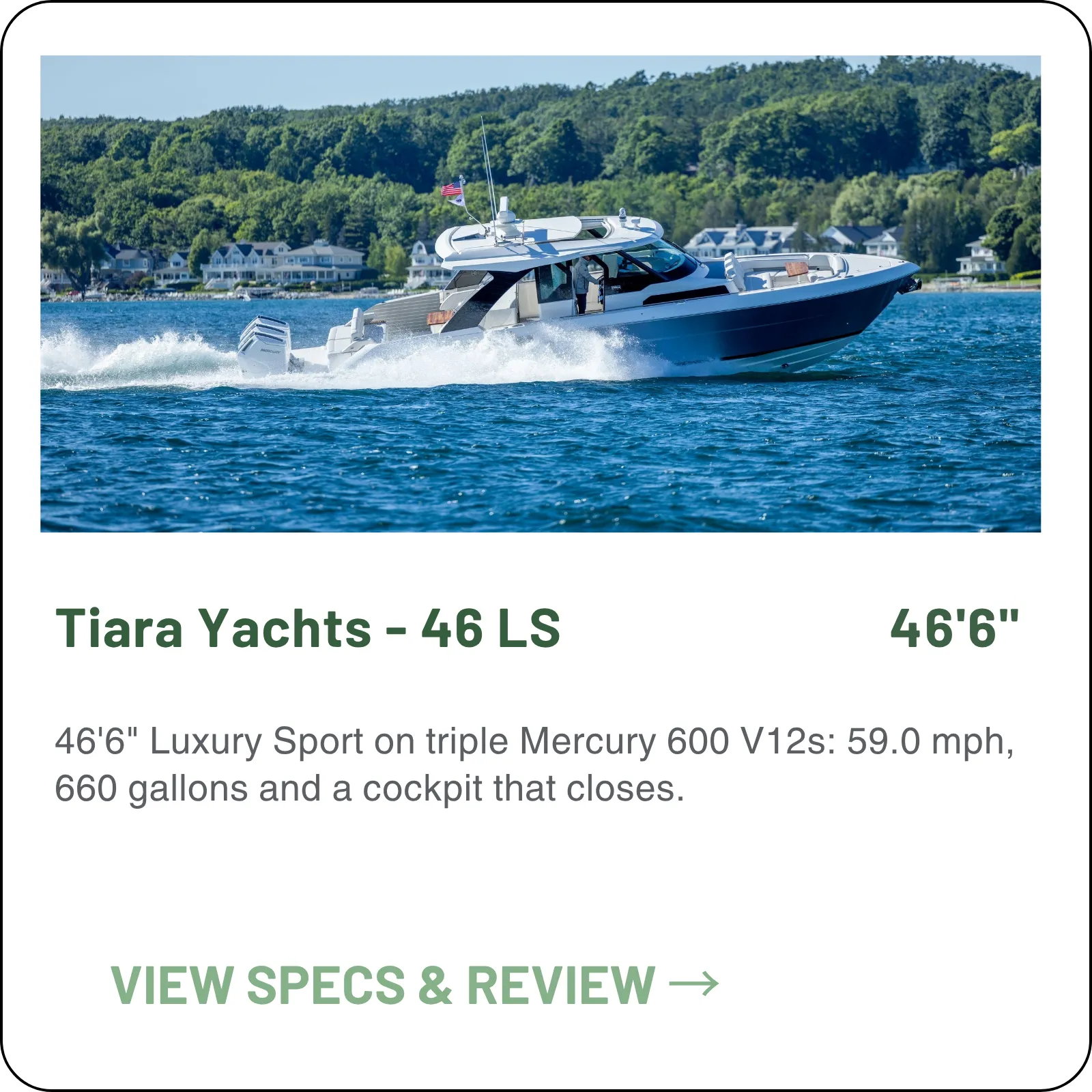 46'6" Luxury Sport on triple Mercury 600 V12s: 59.0 mph, 660 gallons and a cockpit that closes.