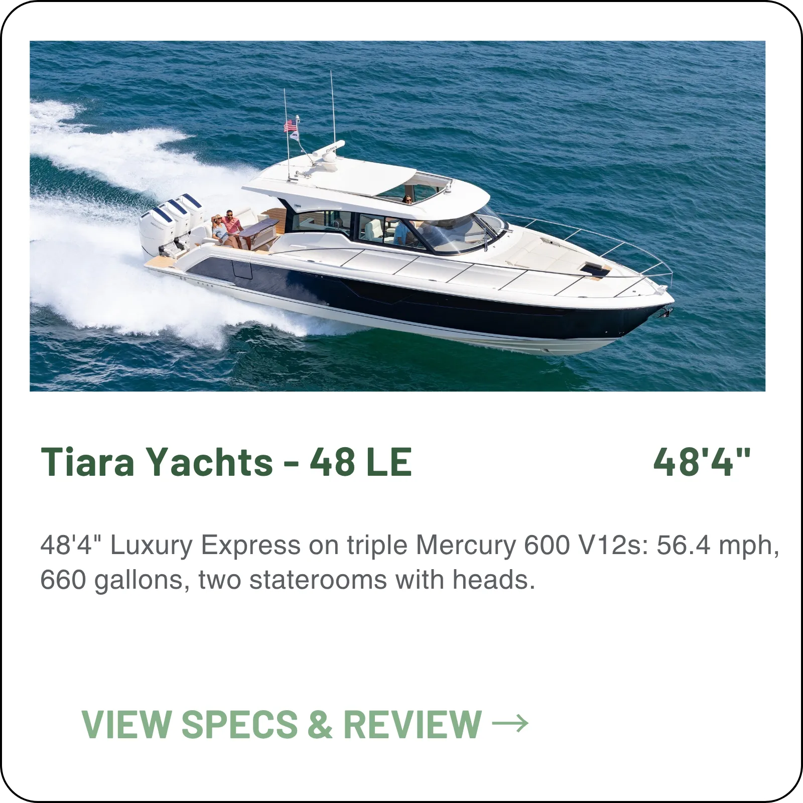 48'4" Luxury Express on triple Mercury 600 V12s: 56.4 mph, 660 gallons, two staterooms with heads.