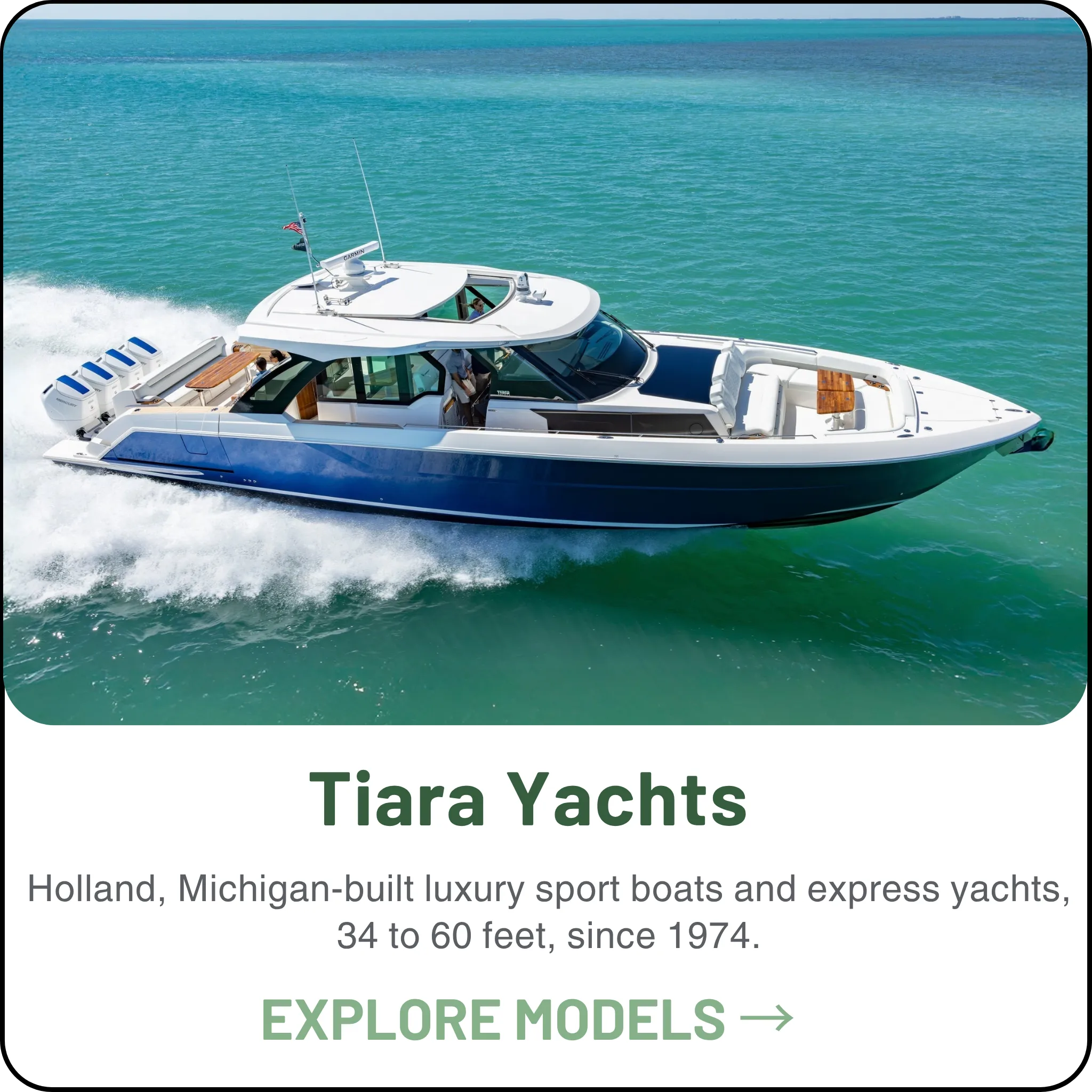 Tiara Yachts — Holland, Michigan-built luxury sport boats and express yachts, 34 to 60 feet, since 1974.